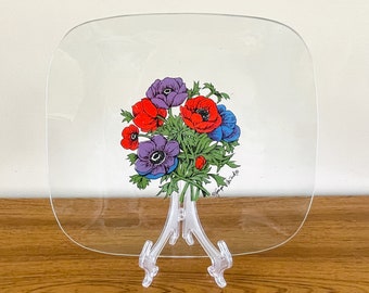 Rare Georges Briard Clear Anemone Platter, Floral Georges Briard Plate, Georges Briard Clear Poppy Tray, Georges Briard Red & Purple Poppy