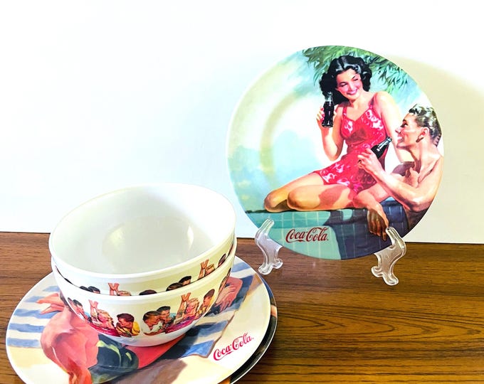 Featured listing image: Sakura Coca Cola Melamine Plates & Bowls, Coke Pin-Up Girl Plates, Coca Cola Cereal Bowls, Coca Cola Beach Party Set