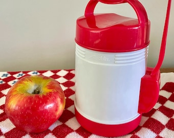 Vintage Red Aladdin Soup Thermos With Spoon, Aladdin 10 Ounce Thermo Jar with Handle