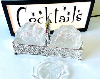 Mid Century Starburst Crystal Coasters with Silver Tone Caddy