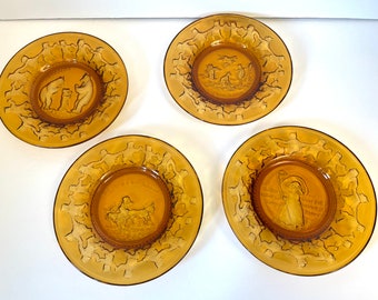 4  Amber Glass Nursery Rhyme Child's Dishes, Tiara Nursery Rhyme Baby Dishes, Four Mother Goose Child's Plates, Amber Glass Baby Dishes