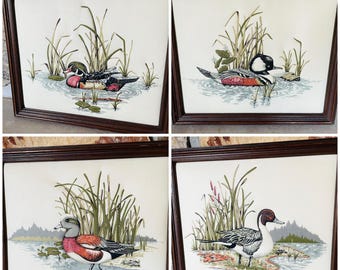 Framed Quilted Duck Wall Art, Vintage Cabin Decor, Set of 4