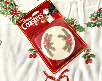 6 Vintage Holiday Coasters, Conimar Plastic and Cork Holiday Coasters, Reusable Christmas Wreath Coasters, Christmas Beverage Coasters