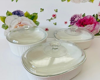 Three Corning French White Covered Casseroles, 3 Corning Ware White Ribbed Casseroles with Lids, 3 Corningware French White Casserole Sets