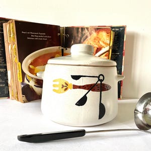 Vintage West Bend Stoneware Bean Pot: Utensil Motif Crock