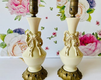 2 Vintage Porcelain Table Lamps, Ceramic Gold Bow Bedside Lamps, 1950s Porcelain Lamps with Bows, Mid Century Girls Bedside Lamps