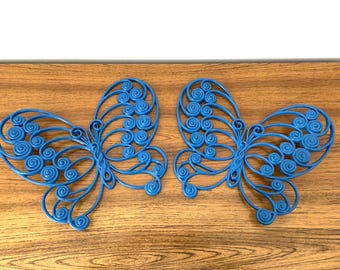 Pair 70s Burwood Butterfly Wall Hangings, Blue Homco Butterflies, Large Wicker Look Plastic Butterflies, 2 Vintage Butterflies Wall Decor