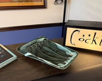Vintage Green Drip Glaze Footed Ceramic Ashtray-USA 104
