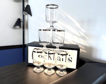 6 Mid Century Platinum Rim Short Stem Wine Glasses