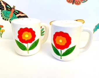Groovy 60s Floral, Hand Painted Salt And Pepper Shakers | Ceramic | 3.5In Tall, Marigold Boho Accent