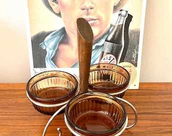 4 Piece Mid Century Modern Condiment Set, Teak and Stainless Steel Condiment Caddy, Anchor Hocking Kitchen Classics Ramekinds And Stand