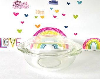 Vintage Clear Pyrex, Mid Century Covered Casserole Dish | Durable Glass | 2-Quart, 10 Inch Handle-To-Handle