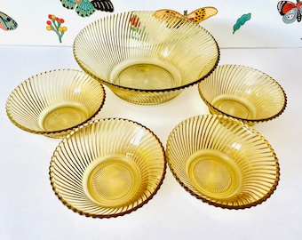 5 Piece Federal Glass Diana Salad Bowl Set, Amber Depression Glass Salad Set, Yellow Federal Salad Set, Federal Salad & 5 Cereal Bowls