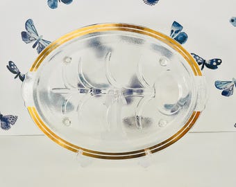 Clear Glass Gold Band Well and Tree Platter, Footed Inland Glass Product 14" Meat Serving Platter, Mid Century Roast Au Jus Platter