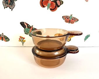 2 Corning Ware Amber Visions Grab It Bowls With One Lid, 15 Ounce PYREX V-150-B Heat'n'Eat Bowls