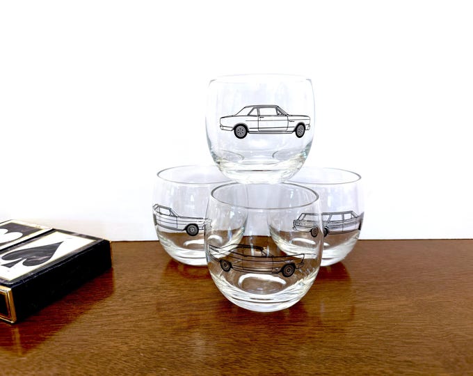 Featured listing image: Vintage Ford Car Glasses - 60s Roly Poly Set with Four Models