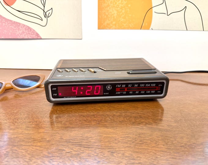 Featured listing image: Vintage GE Alarm Clock Radio Woodgrain (1980s AM/FM Model 7-4612A)