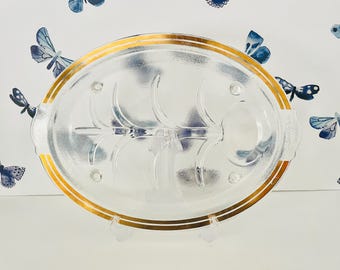 Au Jus Serving Platter: Mid Century Modern Glass - Gold Banded Oval