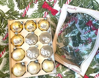12 Pyramid Fancy Glass Christmas Ornaments, Mid Century Decorated Christmas Balls, Vintage Made in USA Christmas Ornaments