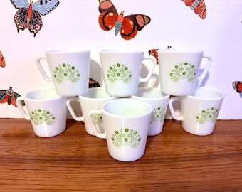 Eight 1980s PYREX Honeydew Mugs, Green Floral Corelle Coffee Cups
