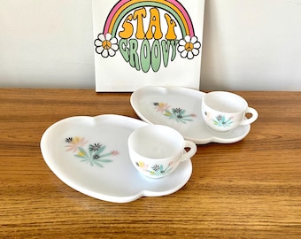 2 Mid Century Federal Glass Atomic Flower Snack Sets, Groovy Luncheon Sets, Milk Glass Cannabis Leaf Cups & Plates, Atomic Flower Patio Set