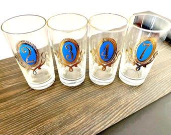 4 Libbey Numero Highball Glasses, Libbey Crown Blue & 22k Gold Numbered Glasses, Libbey Crown Collection 2 3 4 7 Highball Glasses