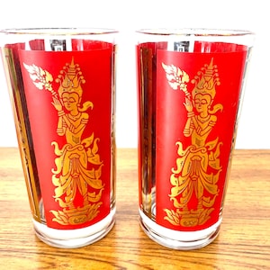 Pair Culver Thai Siam Goddess Highball Glasses, 2 Vintage 60s Culver Red and Gold Siam Goddess Cocktail Glasses