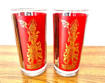 Pair Culver Thai Siam Goddess Highball Glasses, 2 Vintage 60s Culver Red and Gold Siam Goddess Cocktail Glasses