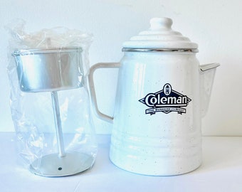 Vintage Coleman Enamel Coffee Pot, Coleman Camping Coffee Pot, New Old Stock Coleman Enamel Speckleware Blue and White Percolator