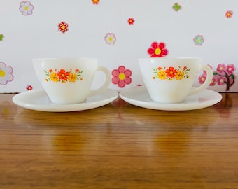 Anchor Hocking Orange and Yellow Floral Premium Cups & Saucers, Milk Glass Floral Fire King  Oven Ware Tea Cups and Saucers