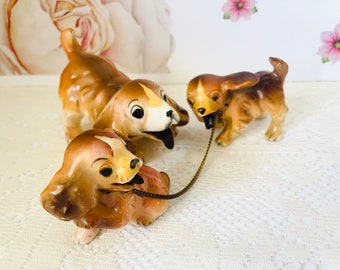 Vintage Ceramic Cocker Spaniel Family, Mother & Puppies Cocker Spaniel Dogs, Mid Century Dog Figurines, Chained Cocker Spaniel Family