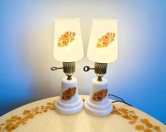 2 Vintage Milk Glass Hurricane Lamps With Yellow And Orange Floral Decals, Mid Century Bedside Table Lamps