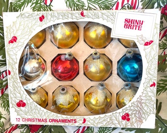 12  Assorted Shiny Brite Mercury Glass Christmas Ornaments, Made in USA Christmas Ornaments, Vintage Gold Shiny Brite Ornaments