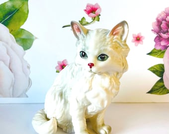Vintage Lefton Persian Cat Figurine, White Porcelain, Blue Eyes (6")
