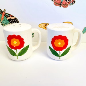 Groovy 60s Floral Salt and Pepper Shakers, OMC Otagiri Hand Painted Ceramic Flower Power Salt and Pepper Shakers, Marigold Range Top Shakers