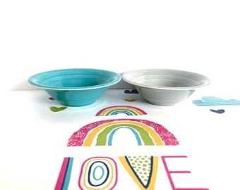 Harlequin Oatmeal, Mid Century Bowls | Ceramic, Gray And Turquoise | 6 3/8" Diameter x 2 1/2" Deep