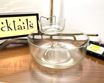 Vintage Chip & Dip Set with Metal Bracket, Mid Century Modern Chip N' Dip Set, Clear Glass 3 Piece Chip and Salsa Set