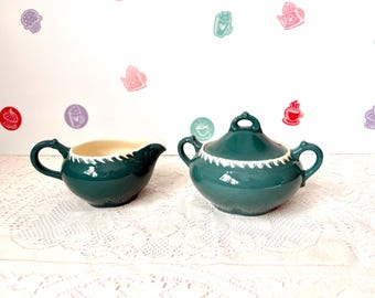 Harker Pottery Dark Teal Green Corinthian Creamer and Covered Sugar Bowl