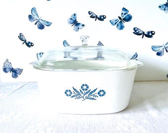 5 Quart Corning Corn Flower Blue   Casserole with Pyrex Lid, Corning Dutch Oven, 5 Quart Square Casserole with Glass Lid a-5-b, a-12-c