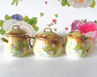 Antique Prince Regent China Tea Set: Biscuit Jar, Creamer & Sugar Bowl