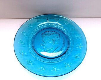 John F Kennedy Plate: Embossed Blue Glass - Vintage Collectible