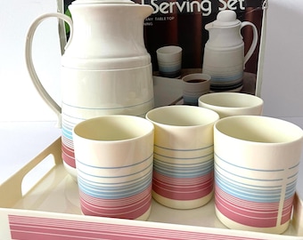 1980s Vintage Beverage Serving Set, Pink & Blue Stripes (Carafe, Cups, Tray)