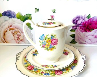Harker Petit Point, Vintage Floral Coffee Set - Dishes | Platinum, Gold Trim | 8in Pot, 12in Cake Plate and Dessert Saucer