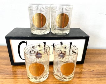 4 Georges Briard 24K Gold Egyptian Glasses, Four Gold Georges Briard Pharaoh Double Old Fashioned Glasses, 1960s 24K Gold Rocks Glasses