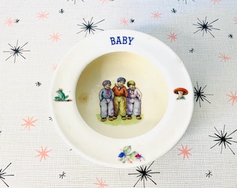 Vintage 30s Baby Dish, Czechoslovakia Pottery Baby Bowl, Children's Feeding Dish, Rolled Edge Baby Bowl, Three Lads Baby Dish