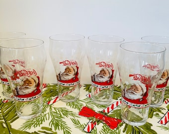 Set of 6 Libbey Christmas Glasses, Libbey Coke Holiday Glasses, Libbey Coca Cola Santa Glasses, Coca Cola Santa Soda Fountain Glasses