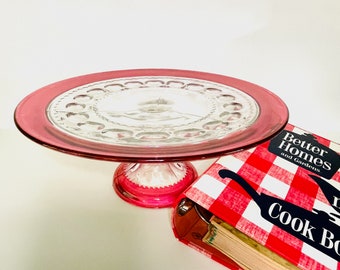 King's Crown Ruby Flashed Pedestal Cake Stand, Tiffin-Franciscan Ruby Thumbprint Cake Stand, Cranberry Flash Glass Cake Plate