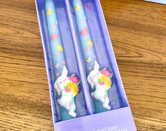 Vintage American Greetings Easter Bunny Candles, 2 Bunnies and Butterflies 10" Taper Candles, New Old Stock 1980s Spring Taper Candles