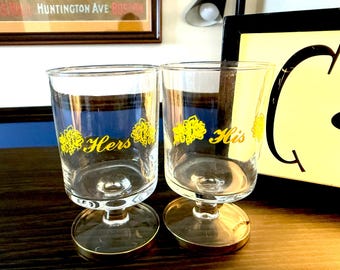 Viking Glass, Vintage His And Hers Cocktail Pair | Yellow Rose Motif, Gold Trim, Clear, 4 Oz - 1970s