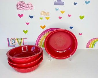 4 Homer Laughlin Scarlet Fiesta Soup Bowls, Bright Red Fiesta Rimmed Soup Bowls, Homer Laughlin Fiesta Scarlet Coupe Soup Bowls